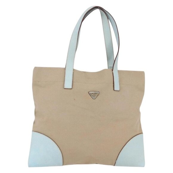 PRADA Tote Bag Canvas Leather Beige Light Blue - Picture 1 of 15